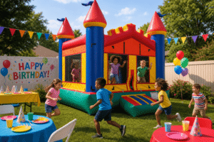 Colorful castle inflatable jumper with children at a backyard birthday party