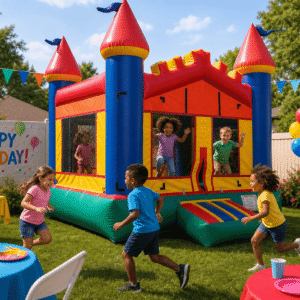 Colorful castle inflatable jumper with children at a backyard birthday party