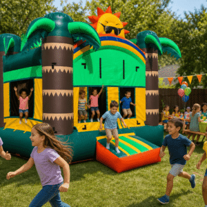 Jungle inflatable jumper with children at a colorful backyard birthday party