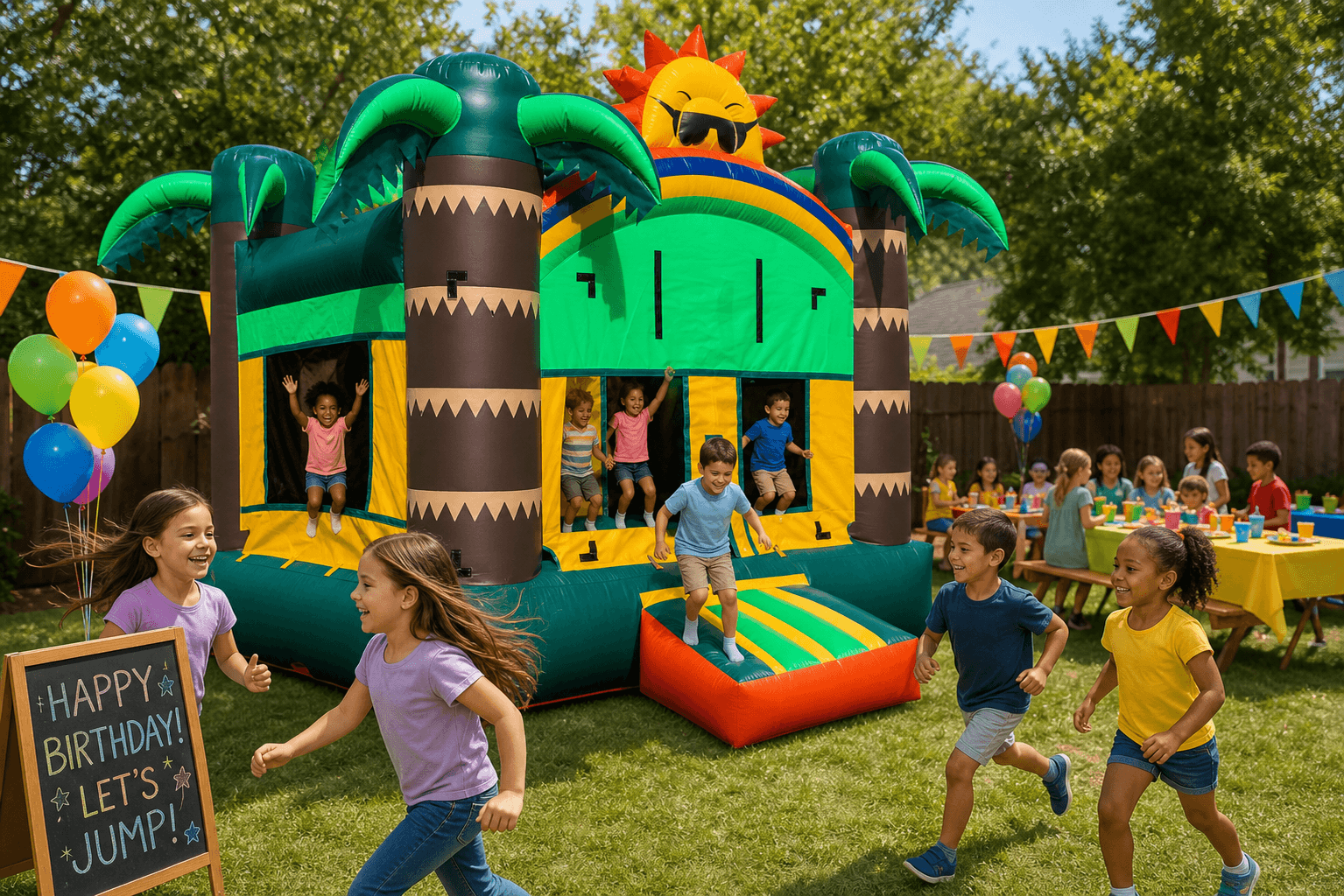 Jungle inflatable jumper with children at a colorful backyard birthday party