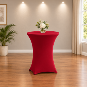 A tight fitted red spandex table cover stretch-wrapped over a 24 inch round highboy cocktail table.