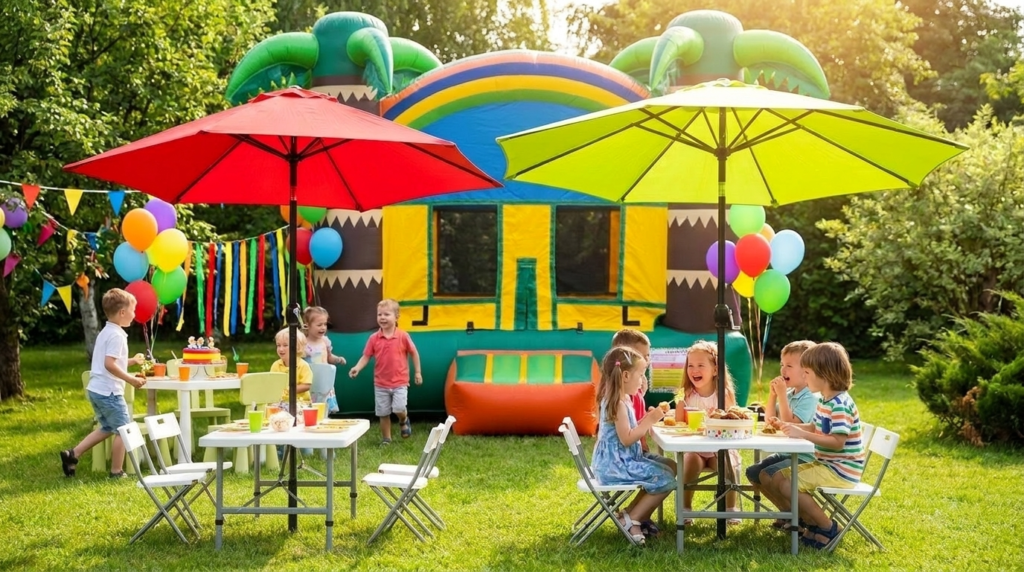 Colorful backyard party with children and inflatable bounce house