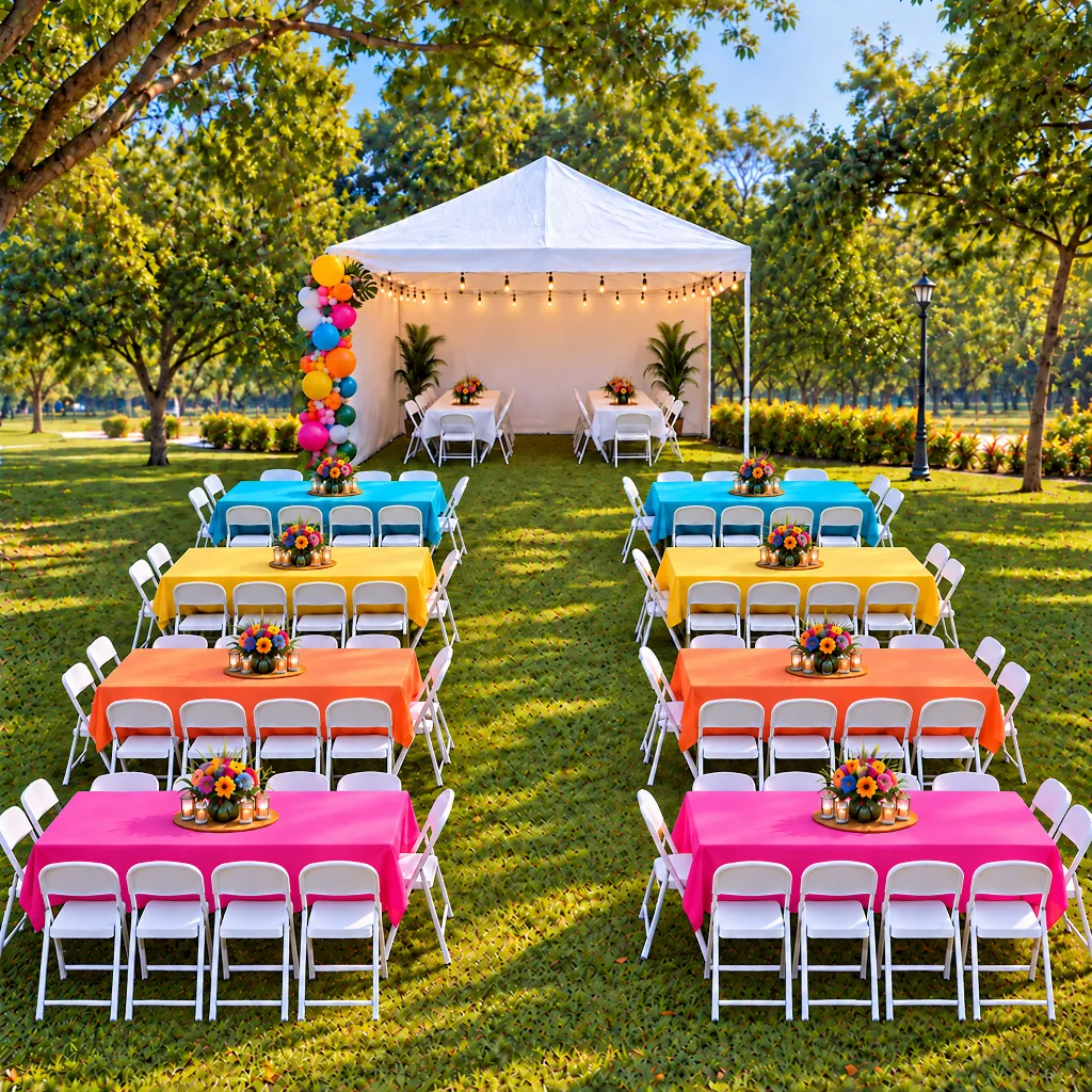 party rental package with 20x20 tent, string lights, 100 plastic chairs and ten 6-foot tables