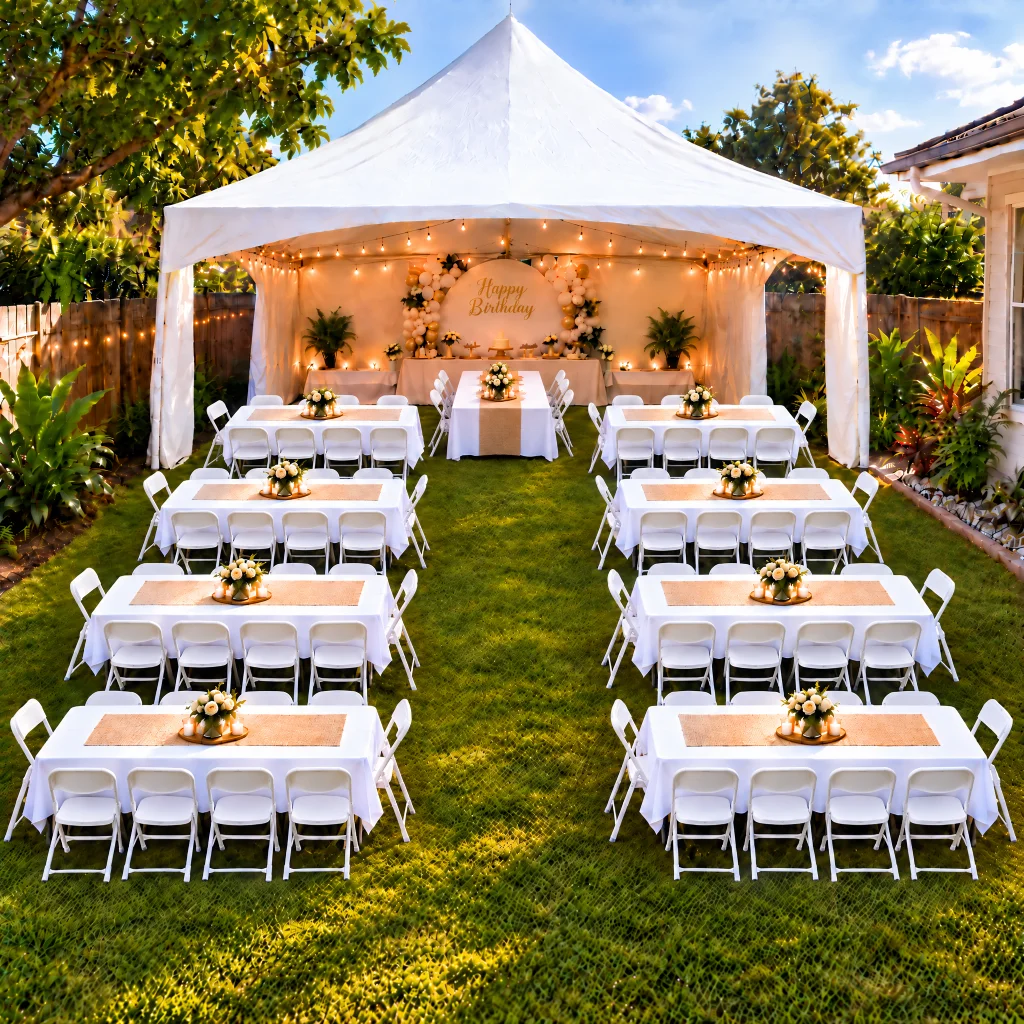 party rental package featuring a 10x20 tent with sidewalls, glowing string lights, 100 white plastic chairs, and 10 long plastic tables set