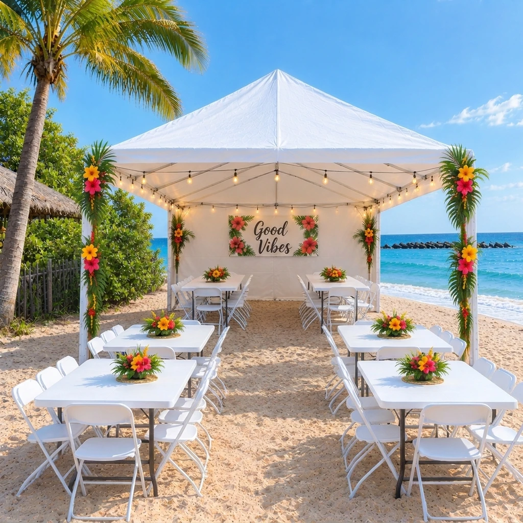 party rental package with 10x20 tent, string lights, 50 plastic chairs and six 6-foot tables